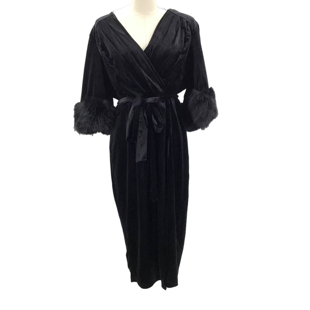 Black Velvet Faux-Fur Cuff Midi Dress - Classic Wrap Style